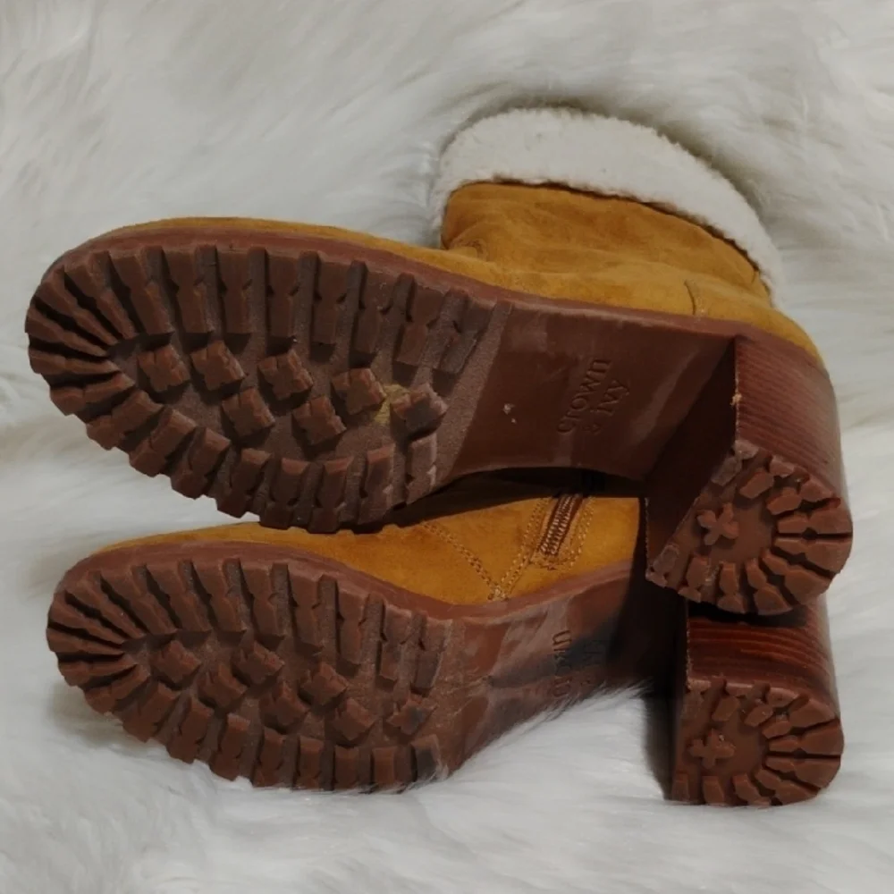 SALE! Crown & Ivy Sherpa Cream Cuff Lined Tan Heeled Boots Sz.7.5 Worn 1X (X2) - Picture 9 of 12